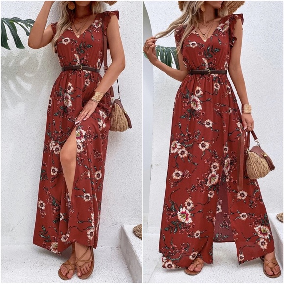 Boho Floral Print Butterly Sleeve Maxi Dress - Picture 4 of 7